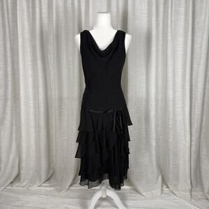 Liz Claiborne Dress Womens 8 Black Cowl Neck Ruffle Tiered Chiffon Midi Party